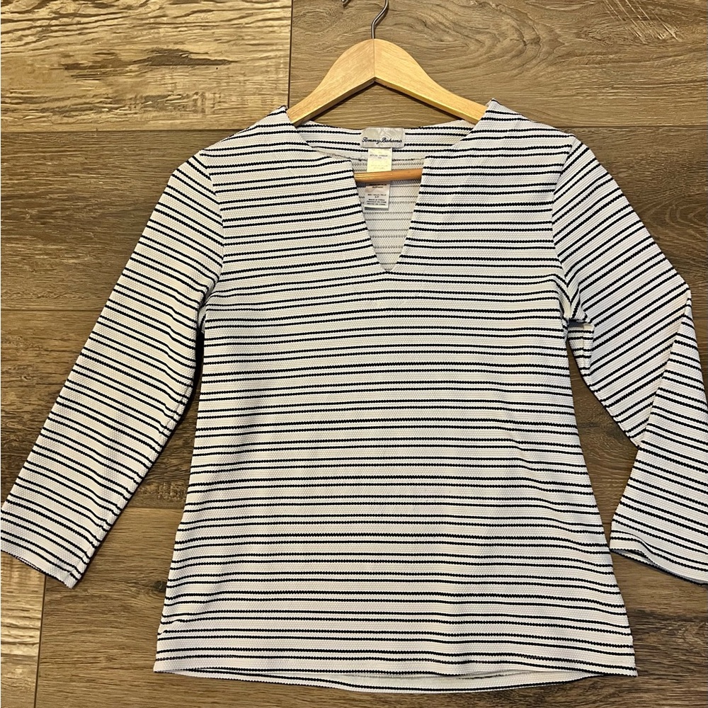 Tommy Bahama Black and White Striped V-Neck Blouse